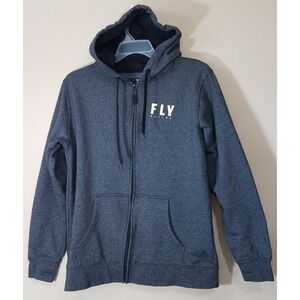 FLY RACING Full Zip Hoodie Sweater Men sz Medium Logo Thumbholes Dark Charcoal